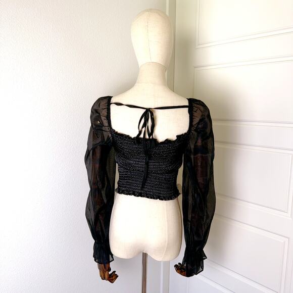 Women's French Long Sleeve Crop Blouse in Satin (Black) - Picture 3 of 7